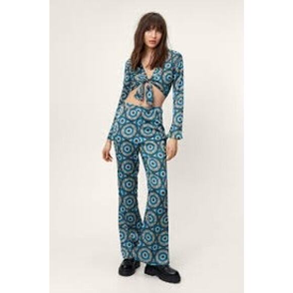 Nasty Gal Collection Retro Hippie 70s Print Wide Leg Flare‎ Pants Sz 6 - Picture 2 of 12